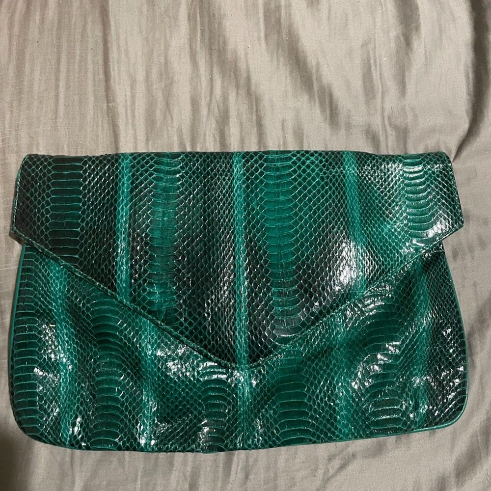 Vintage 80s J RENEE Jewel Green SNAKESKIN Clutch BAG Purse